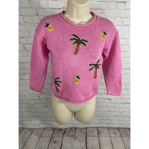 CJ Laing Handmade In Peru Pink Palm Tree Pineapple Cable Knit Sweater Girls 7